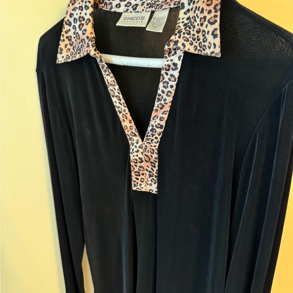 Chico's Black Blouse with Animal Print Collar
